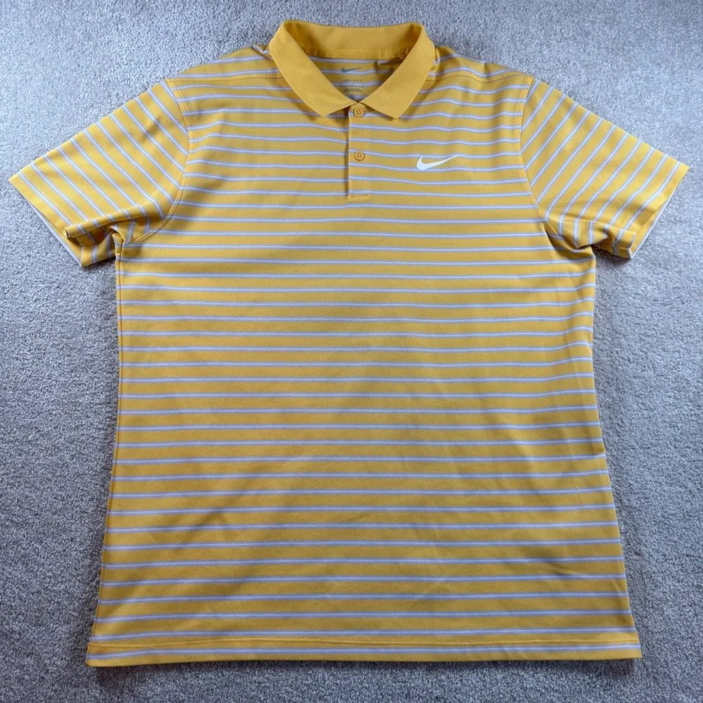 Nike Dri-FIT Mens Large Yellow White Striped Short Sleeve Golf Polo Shirt
